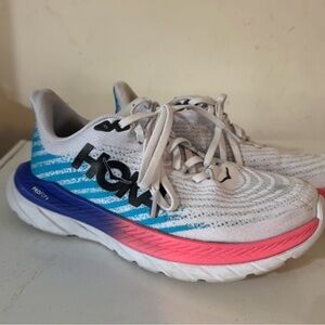 Hoka Mach 5 Athletic Shoes in White, Blue, and Pink